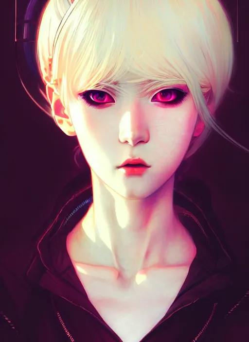 Image similar to portrait Anime girl cyberpunk, cute-fine-face, white-hair pretty face, realistic shaded Perfect face, fine details. Anime, cyberpunk. realistic shaded lighting by Ilya Kuvshinov and Gustav Klimt