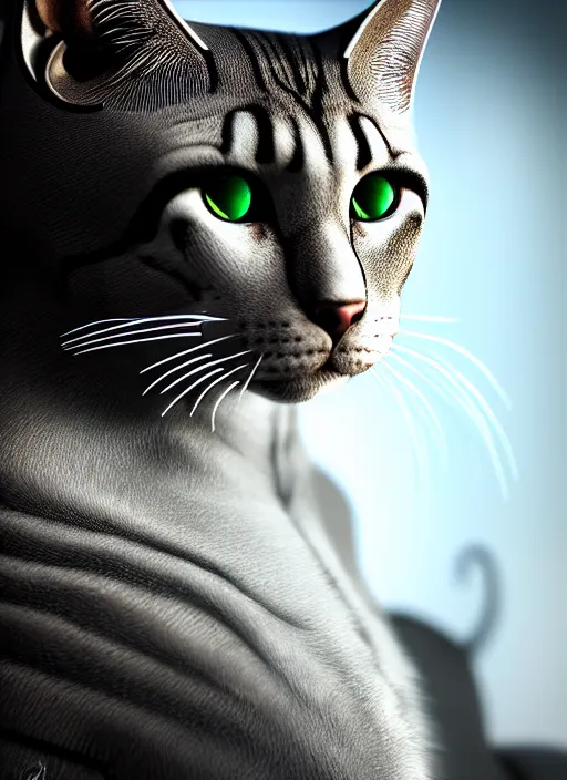 Image similar to 35mm portrait of a sophisticated intricate terminator feline cat head. Fantasy cyberpunk. Sharp. Unreal Engine. Cinematic post-processing