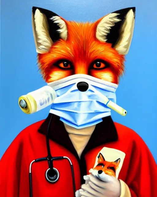 Prompt: oil painting portrait of anthropomorphic female fox animal dressed in doctor's coat, surgical mask covering mouth, red eyes, holding syringe, fox animal, hospital in background, oil painting,