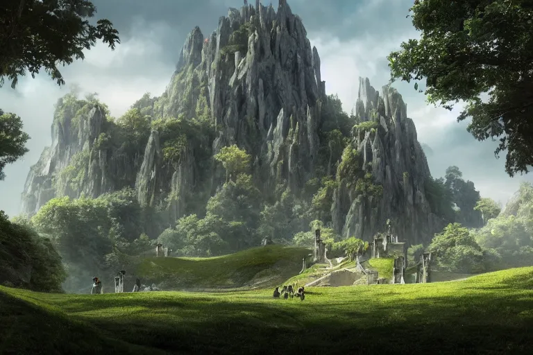 Prompt: An elven city at the base of a lush green hill with white monoliths surrounded by a moat, clear blue skies in the background, by Greg Rutkowski, Sung Choi, Mitchell Mohrhauser, Maciej Kuciara, Johnson Ting, Maxim Verehin, Peter Konig, 8k photorealistic, cinematic lighting, HD, high details, dramatic, trending on artstation