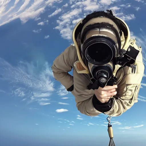 Image similar to a film still of a jet pilot wearing a flight suit and gas mask, attached to a parachute, in the sky, 8k