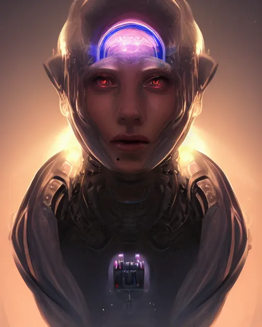 Image similar to benevolent android necromancer, aura of light, artificial intelligence, kind face, perfect, scifi, futuristic, highly detailed, trending on artstation, advanced technology, art by vitaly bulgarov