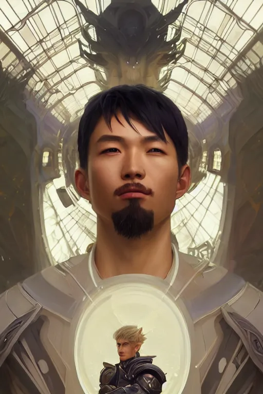 Prompt: portrait of a man with futuristic haircut, soft smile, final fantasy, league of legends champion, strong iridescent light, by chengwei pan and sakimichan and greg rutkowski and alphonse mucha, gradient white to gold, in front of a magical building background, highly detailed portrait, digital painting, smooth, focus illustration