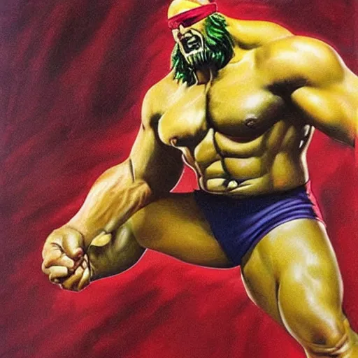 Image similar to wrestler hulk hogan, photorealistic, ring of fire, painted by frank frazetta