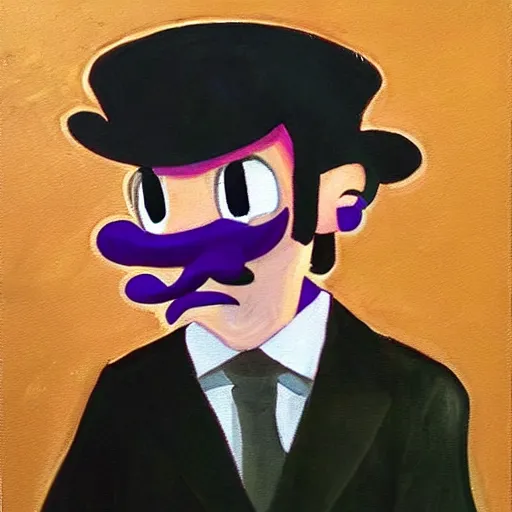 Image similar to waluigi as a mobster, highly detailed, oil painting,