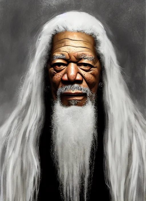 Image similar to evil morgan freeman as evil wizard saurman the white, long white hair and white beard, long white flowing robes, long black wizard staff by alan lee, lord of the rings, smooth, oil painting, matte painting, concept art, trending on artstation, promotional artwork, film still, elegant, photorealistic facial features, intricate, detailed face, cinematic lighting