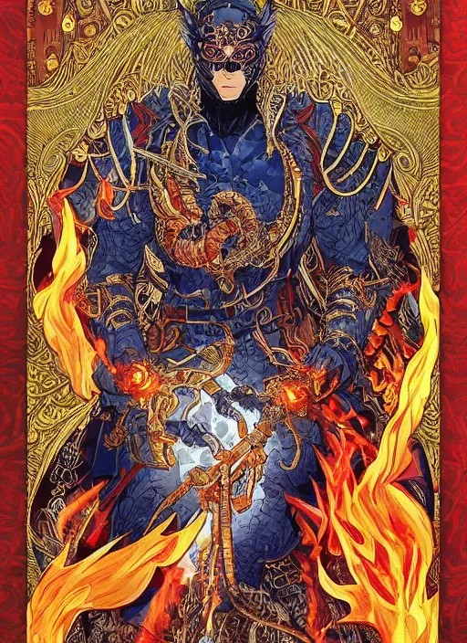Image similar to A man with fire superpowers in the genshin impact, fantasy, intricate, ornate, Hyperdetailed