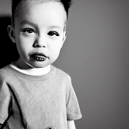 Image similar to the face of punk rock alien boy at 3 years old wearing balenciaga clothing, black and white portrait by julia cameron, chiaroscuro lighting, shallow depth of field, 8 0 mm, f 1. 8