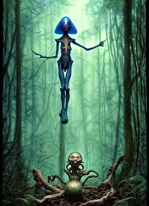 Image similar to hyper realistic magic alien in the woods in a river gorgeous lighting, lush forest foliage blue sky a hyper realistic ink drawing by chiara bautista and beksinski and norman rockwell and greg rutkowski, tom bagshaw weta studio, and lucasfilm