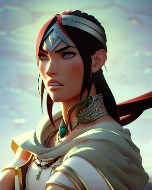 Image similar to azctec warrior, megan fox, detailed perfect face, exquisite details, fire magic, mid view, design on a white background, by studio muti, greg rutkowski makoto shinkai takashi takeuchi studio ghibli