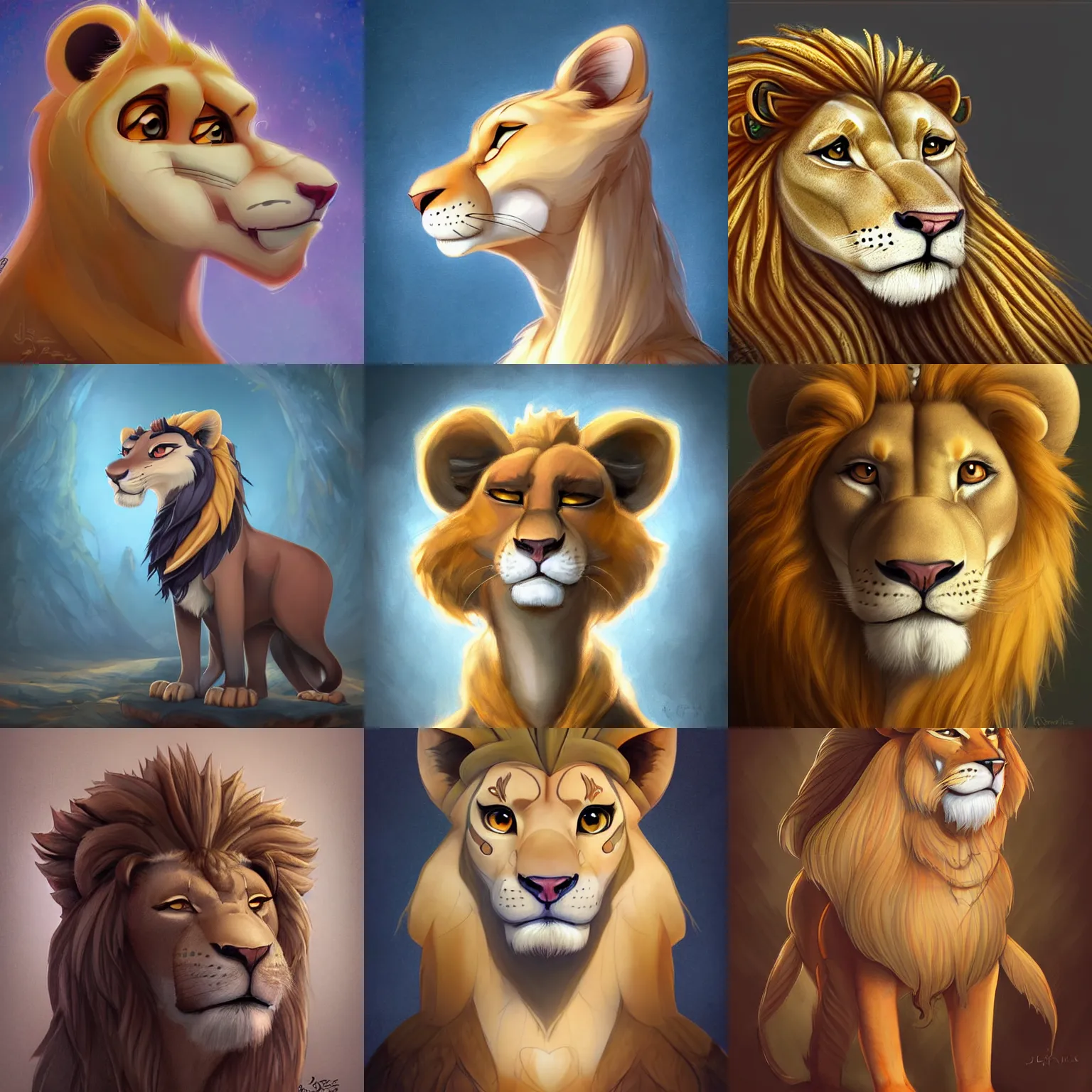 Prompt: beautiful cartoon portrait character design of an egyptian lion. deviantart adoptable, style of maple story and zootopia, portrait studio lighting by jessica rossier and brian froud in the style of disney, traditional