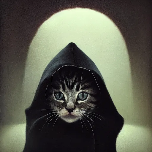 Image similar to a portrait of a kitten wearing a black hood, cloak covering face, anatomically correct, beautiful perfect face, enigmatic, oil painting, matte, black background, Volumetric dynamic lighting, Highly Detailed, Cinematic Lighting, Unreal Engine, 8k, HD, by Beksinski