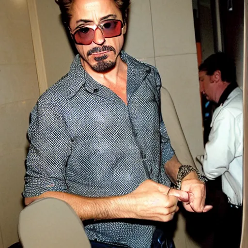 Image similar to Robert Downey Jr. in the bathroom, paparazzi, photography,