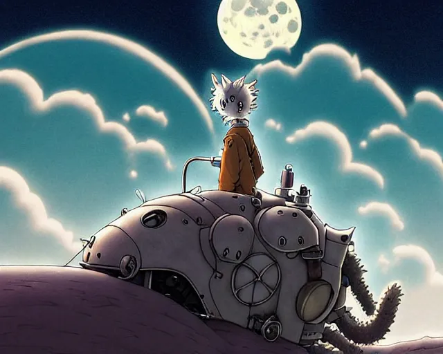 Image similar to a cell shaded cartoon grey lovecraftian mechanized wolf from howl's moving castle ( 2 0 0 4 ), with a big head, on a desert road, wide shot, in front of a big moon, muted colors, post grunge, josan gonzales, wlop, by james jean, victor ngai, hq, deviantart, art by artgem