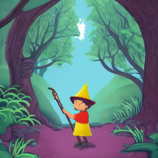 Image similar to tiny wizard navigating a magical forest in children's book