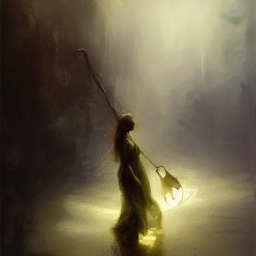 Image similar to painting of a beautiful surreal Harpey clutching a staff of luminous gold, veiled by mist, treading on a cloud, by Jeremy Mann and Jason Jenicke, detailed, stylized, loose brush strokes, intricate, realistic, exaggerated lighting, sense of scale, ferocious, sensual