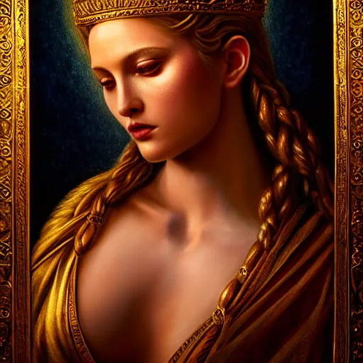 Image similar to majestic gracious regal seductive deity aphrodite portrait, ancient greece, atmospheric lighting, painted, ravenous, tempestuous, humble, intricate, volumetric lighting, beautiful, rich deep colours masterpiece, golden hour, golden ratio, sharp focus, ultra detailed, by leesha hannigan, ross tran, thierry doizon, kai carpenter, ignacio fernandez rios