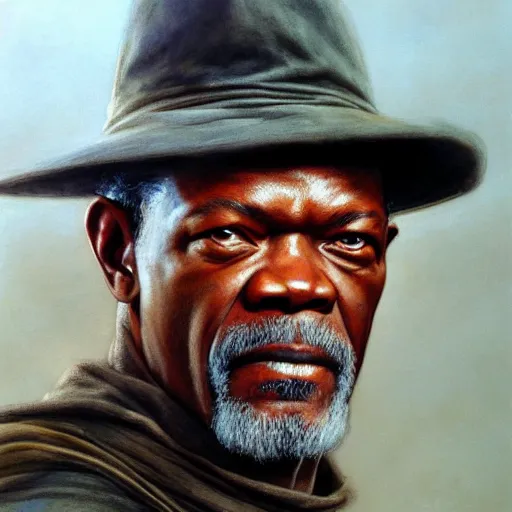 Image similar to portrait of samuel jackson, by alan lee, lord of the rings calendar, smooth, detailed terrain, oil painting, matte painting, concept art, trending on artstation