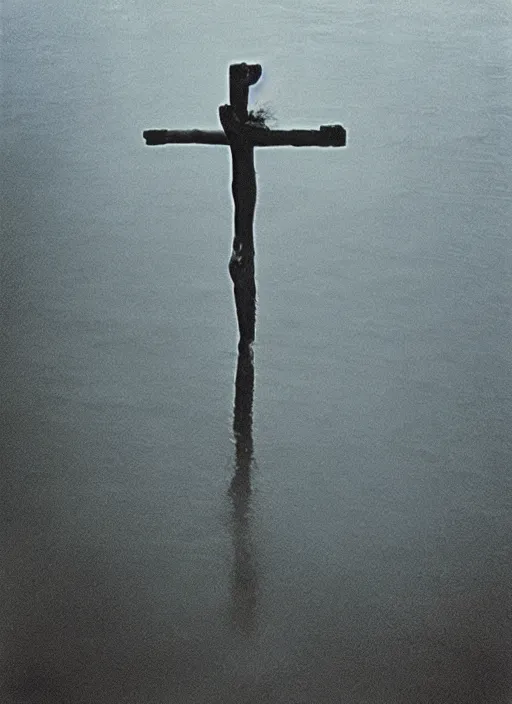 Image similar to “semitranslucent smiling frog vertically hovering over misty lake waters in crucifix pose, low angle, long cinematic shot by Andrei Tarkovsky, paranormal, eerie, mystical”