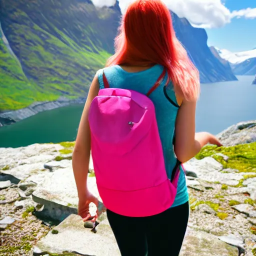 Prompt: a young woman with long pink hair looking at fjords, hiking clothes, tank top, backpack, norway, fjords in background, cinematic, beautiful, stunning, day time, epic, 8 k, 1 6 : 9