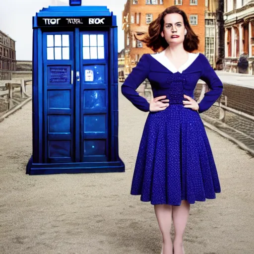 Image similar to a beautiful full body photograph of hayley atwell dressed as ( ( doctor who ) ) standing in front of the tardis, symmetrical face, extreme realism and detail, 8 k, completely framed, direct lighting, 3 5 mm photo, photorealistic, sharp focus