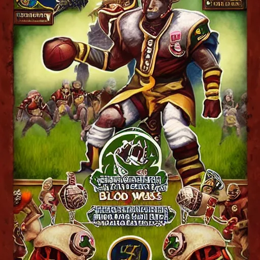 Prompt: blood bowl game finals poster, elves versus humans, nfl style, high quality