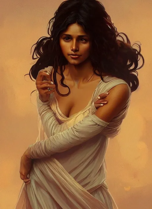 Image similar to cute brown woman wearing a transparent night gown, fantasy, intricate, highly detailed, digital painting, artstation, concept art, wallpaper, smooth, sharp focus, illustration, art by artgerm and greg rutkowski and alphonse mucha