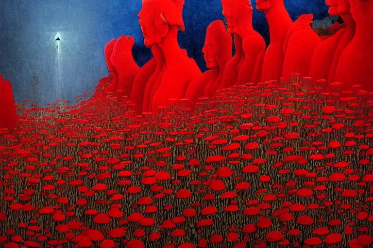 Image similar to only with red, red flowers of different types, a red tiger, a castle in the background, medieval demons dance over the flowers, an ancient path, in the style of beksinski, part by hopper, part by rodcenko, part by hofbauer, intricate composition, red by caravaggio, insanely quality, highly detailed, masterpiece, red light, artstation