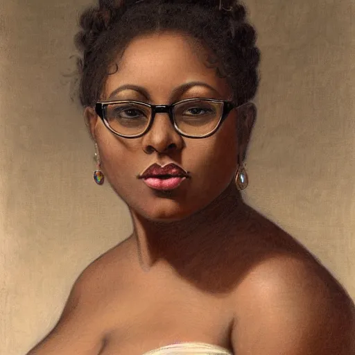 Prompt: body and face portrait of vanessa blue, clothed beautiful darkskinned ebony woman librarian wearing rimmed glasses, a décolletage neckline, and kinked hairbun by william-adoplhe bouguereau and Henryk Siemiradzki, trending on bbwchan, high detail 8k