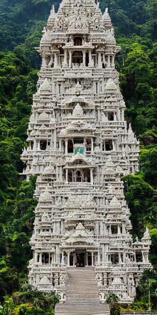 Prompt: colossal and beautiful hindu temple, ornate architecture, carved in white marble, cliffside, lush jungle, atmosphere, dramatic lighting, epic composition, close up, low angle, wide angle, by miyazaki, nausicaa ghibli, breath of the wild