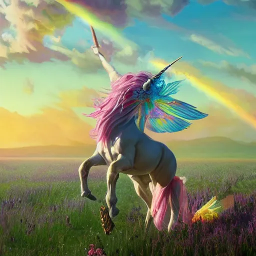 Prompt: a unicorn with wings eating in a field of marijuana, colorful sky, art by artgerm and greg rutkowski and alphonse mucha, concept art, octane render, unreal engine 5, highly detailed, high quality, 8 k, soft lighting, realistic face, path traced