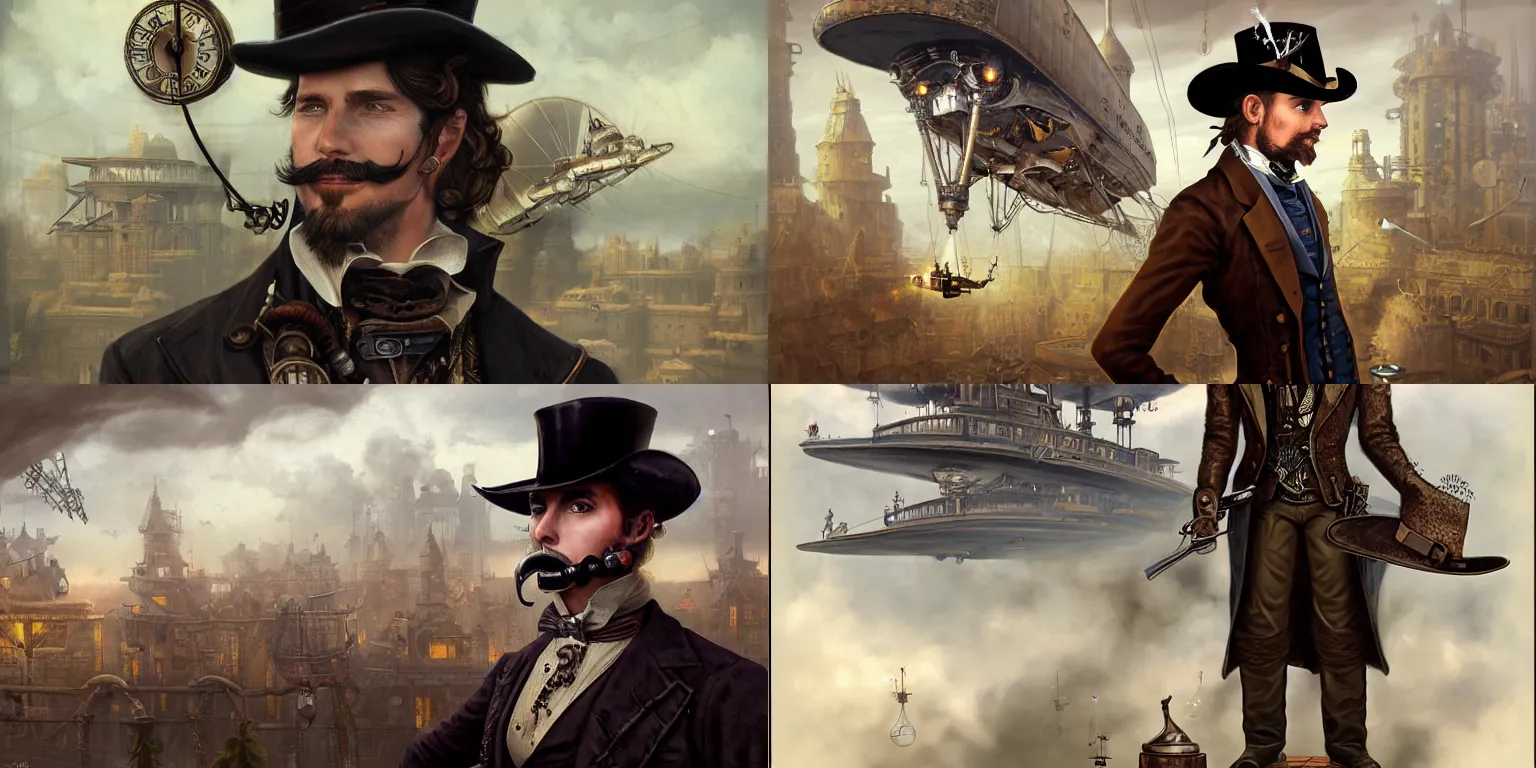 Prompt: portrait of a steampunk gentleman gunslinger in hat posing on roof, matte painting of steam machines airships on background, by Antonio Caparo and tyler edlin and lindsey look, victorian, concept art, steam romance, steam-punk illustration, detailed, 4k resolution, trending on artstation