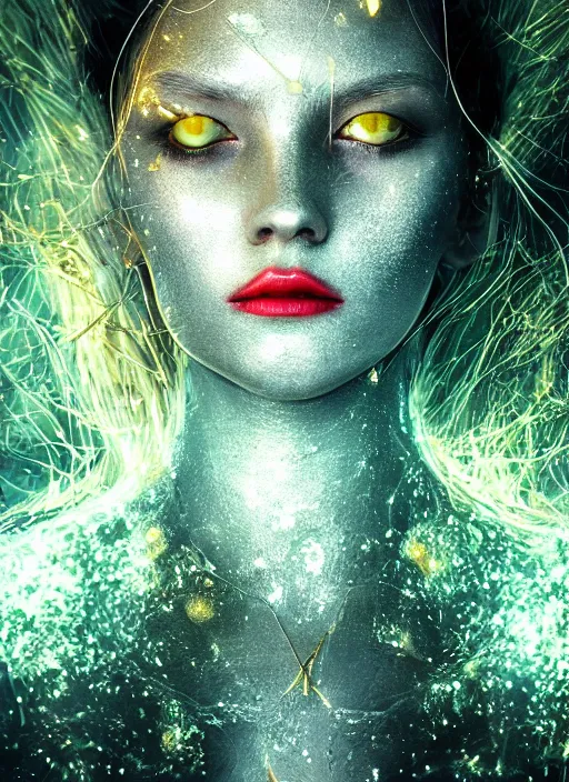 Prompt: glowing silver and golden elements, full close-up portrait, dark witch from shutterstock, book cover, green forest, white moon, red lips, establishing shot, extremly high detail, photo-realistic, cinematic lighting, pen and ink, intricate line drawings, by Yoshitaka Amano, Ruan Jia, Kentaro Miura, Artgerm, post processed, concept art, artstation, matte painting, style by eddie mendoza, raphael lacoste, alex ross