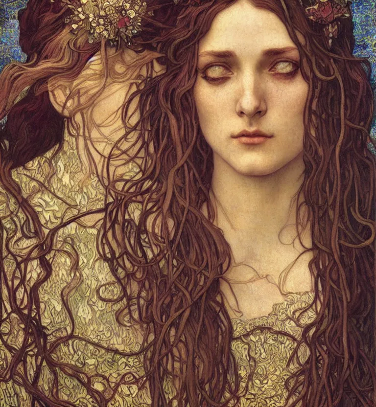 Image similar to detailed realistic beautiful young medieval queen face portrait by jean delville, alphonse mucha, vincent van gogh, and marco mazzoni, art nouveau, symbolist, visionary, gothic, pre - raphaelite