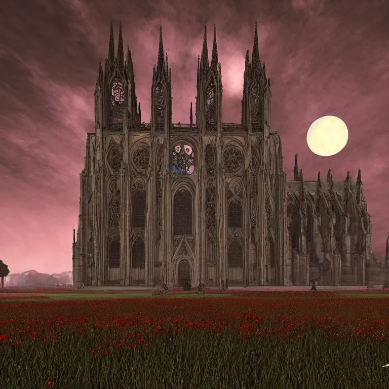 Image similar to A Gothic cathedral in a field of flowers, A huge red moon shines over the earth.highly realistic, hyper detailed,cinematic,4k,digital art,unreal engine 5,by gustav doré