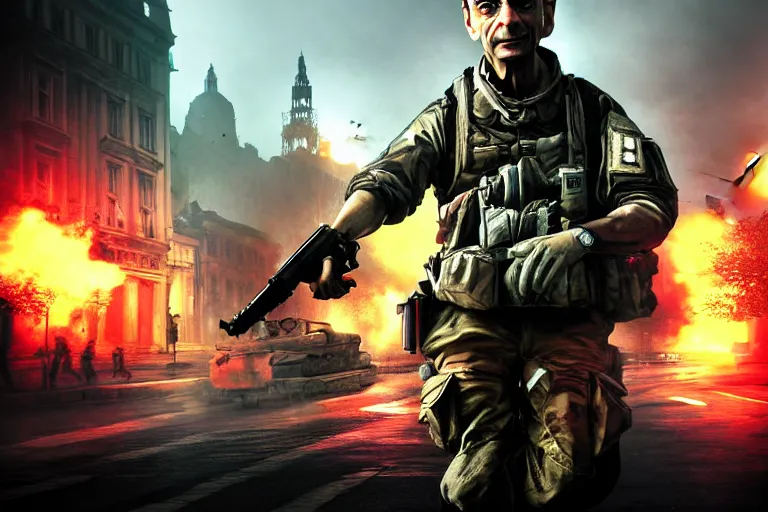 Prompt: battlefield 3, mr bean as protagonist, portrait, outdoors european cityscape, atmospheric lighting, painted, intricate, volumetric lighting, beautiful, daytime, winter, clear weather, mutated wildlife, sharp focus, deep colours, ultra detailed, art by william turner