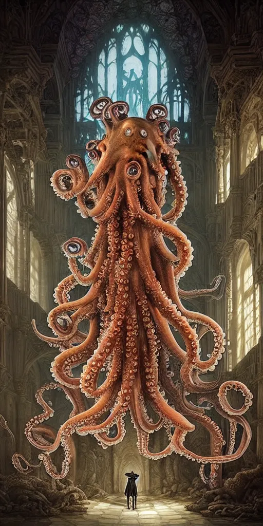 Image similar to group of mankind species mages with enormous translucent octopus heads floating around inside an ancient mage castle hall colossal scale, gothic and baroque, brutalist architecture, ultradetailed, intricate details by Ellen Jewett and Josan Gonzalez and Giuseppe Arcimboldo