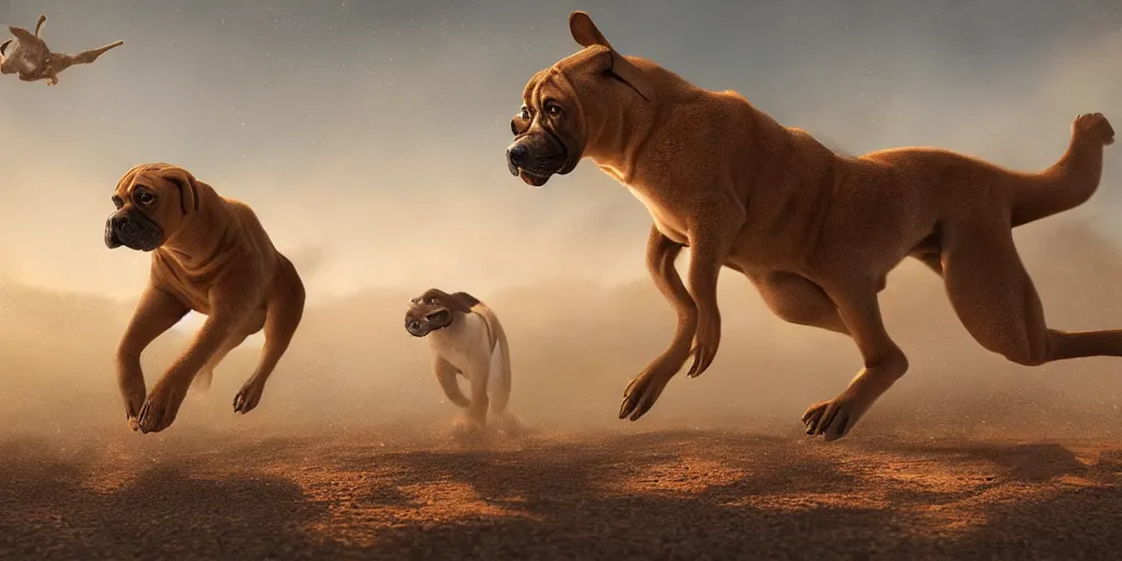 Image similar to a boerboel mastiff running, chasing a kangaroo, detailed, intricate, by jessica rossier