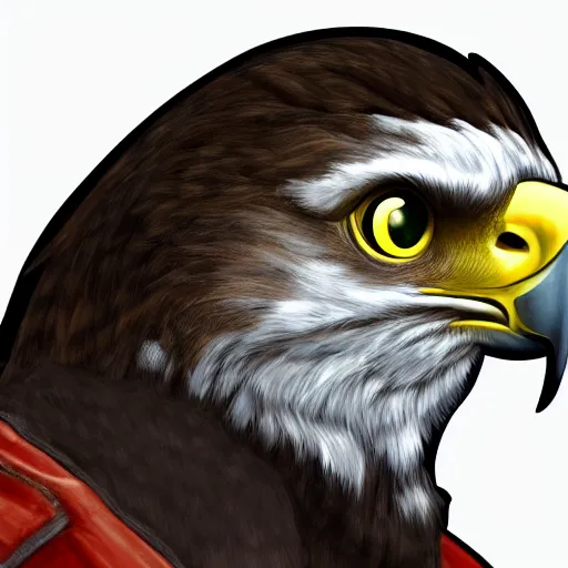 Prompt: profile picture of a falcon in sci-fi clothing looking smug, quarter view, close up, trending on artstation