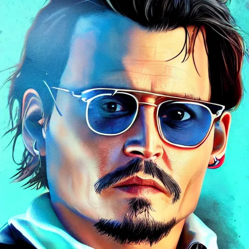 Image similar to Johnny Depp in GTA V Cover art by Steven Bliss, artstation, no text