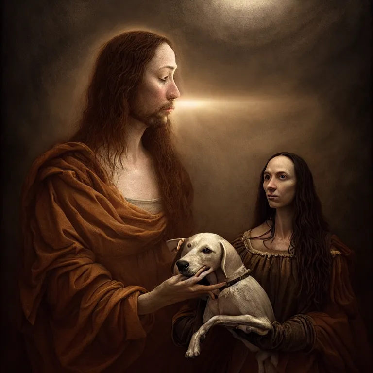 Prompt: renaissance professional digital art of a traveler with a faithful dog, symmetrical face, atmospheric lighting, painted, complex, detailed, detailed, foreboding, mysterious, leesha hannigan, wayne haag, reina rocin, ignacio fernandez rios, mark ryden, iris van herpen, epic, stunning, magnificent, very wow, cinematic, masterpiece.