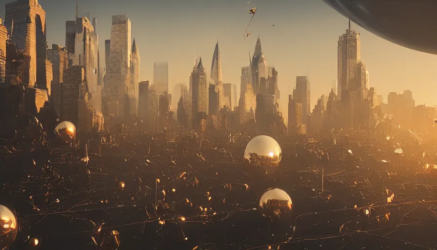 Prompt: metallic spheres destroying new york city, reflections, sunlight, destruction, hyperdetailed, artstation, cgsociety, 8 k