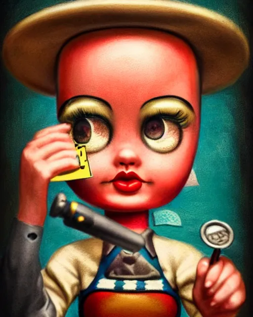 Image similar to closeup profile portrait of a tin toy as a 1 9 3 0 s gangster's moll in a gambling den, bikini, hyper realistic, artstation, illustration, nicoletta ceccoli, mark ryden, lostfish, max fleischer, digital paint, matte paint, vivid colors, bright, cheerful, detailed and intricate environment