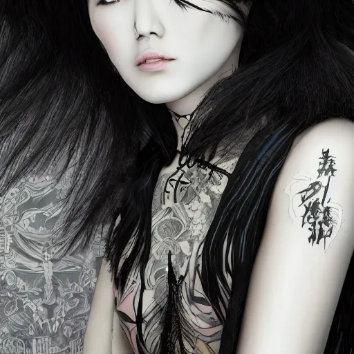 Image similar to japanese gothic model with maximalist hair style and kanji tattoos, dark colors, fashion model, portrait shot, depth of field, 8 k, hyper detailed, intricate, trending on artstation