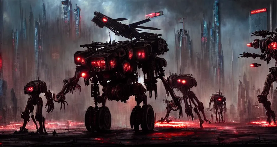 Image similar to bloody - zombie - flesh - battlemech, in a cyberpunk gothic city hyper realistic sci - fi matte concept art painting of dramatic cinematic scene, guns, missiles, explosions, beautiful details, strong composition painted by kim jung guweta studio rutkowski, james gurney and greg rutkowski, and lucasfilm, smooth, intricate, detailed, sharp focus, cinematic