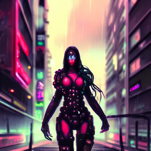 Image similar to An epic comic hyperrealistic painting of a cyber warrior girl, attractive, faces and details painted by WLOP, cyberpunk style color, heavy rainning at tokyo street night, neon lights all around, Matte painting, smoke, cinematic lighting, corona render, arnold render, movie concept art, 8k, RPG portrait, Concept world, rim lights, phtotrealistic, hdri