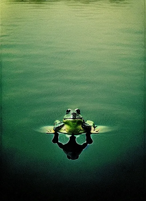 Prompt: “semitransparent frog amphibian vertically hovering over misty lake waters in jesus christ pose, smiling, low angle, long cinematic shot by Andrei Tarkovsky, paranormal, eerie, mystical”