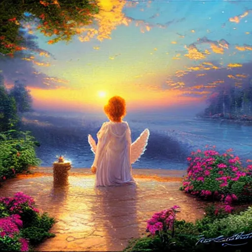 Prompt: An angel watching the sunset, digital art, by Thomas Kinkade