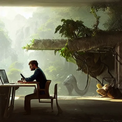 Image similar to a man sitting at a computer, as jungle animals come out of the wall, painting by Greg Rutkowski