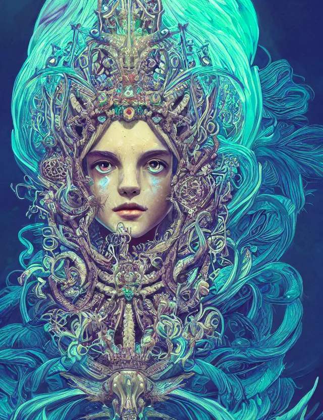 Image similar to symmetrical, centered, goddess close-up portrait wigh crown made of skulls. phoenix betta fish, phoenix, bioluminiscent creature, super intricate ornaments artwork by Tooth Wu and wlop and alena aenami and greg rutkowski